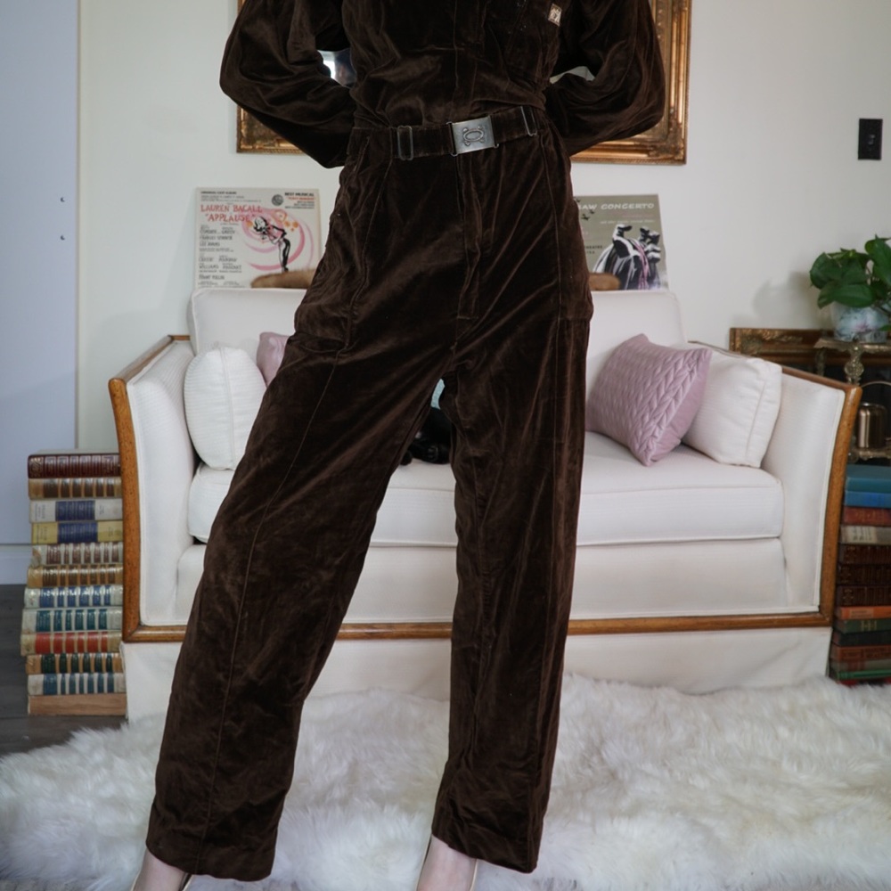 1970s Brown Vintage Velour Pantsuit Long Sleeve